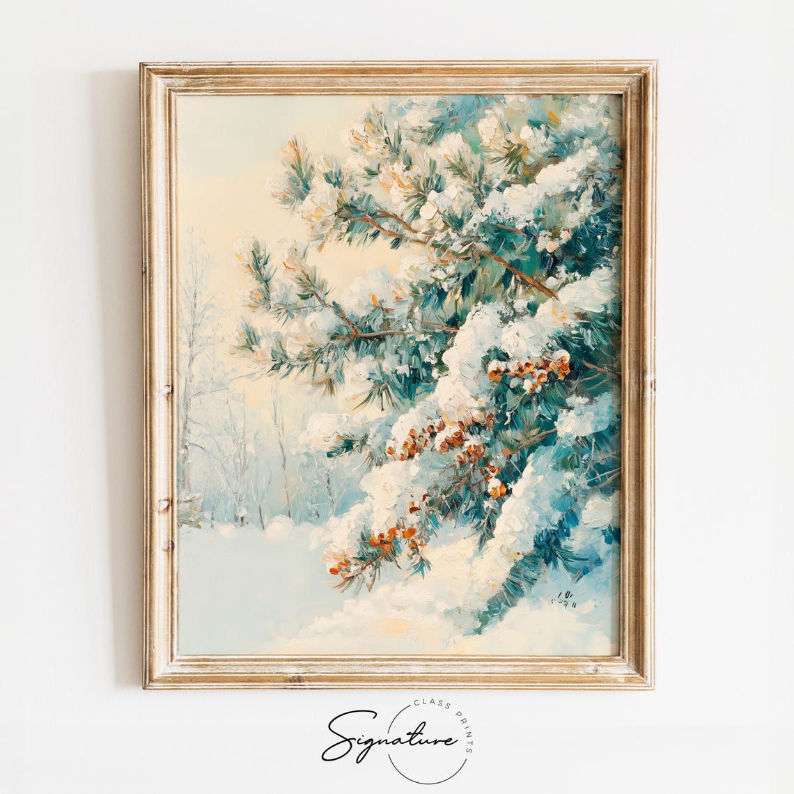 Snowy Pine Branch With Orange Berries In Winter Forest Poster