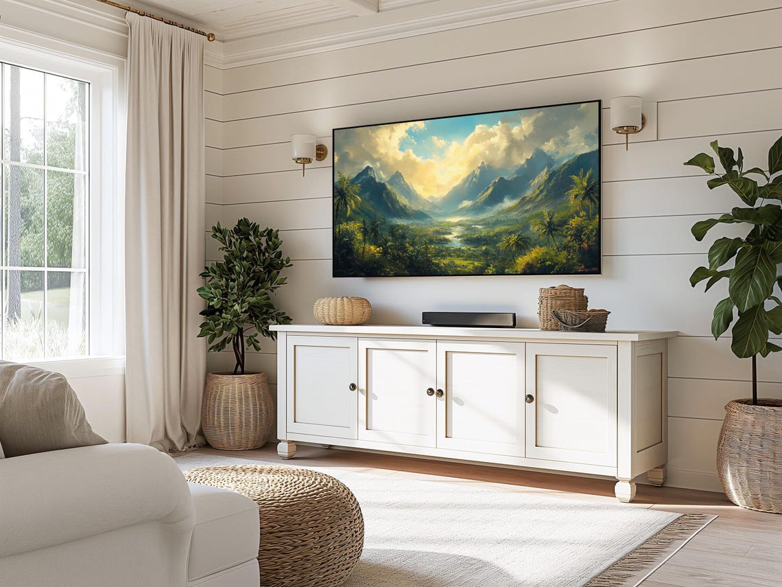 Misty Tropical Mountain Valley River Palms Golden Clouds Wall Art - Image 5