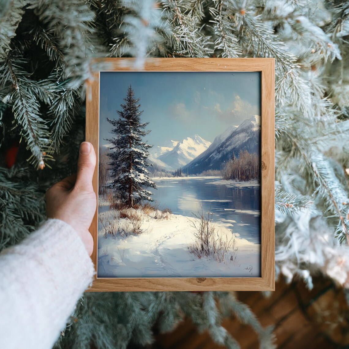 Snow Covered Pine Tree By A Frozen Blue Mountain Lake Poster - Image 6