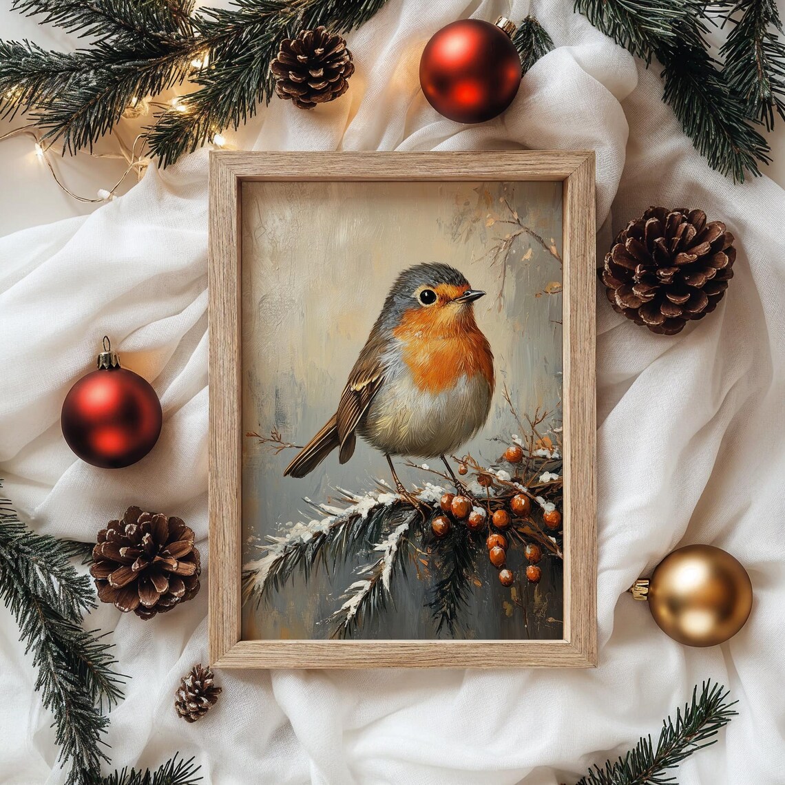 European Robin on Snowy Branch with Berries Winter Oil Painting Print - Image 4