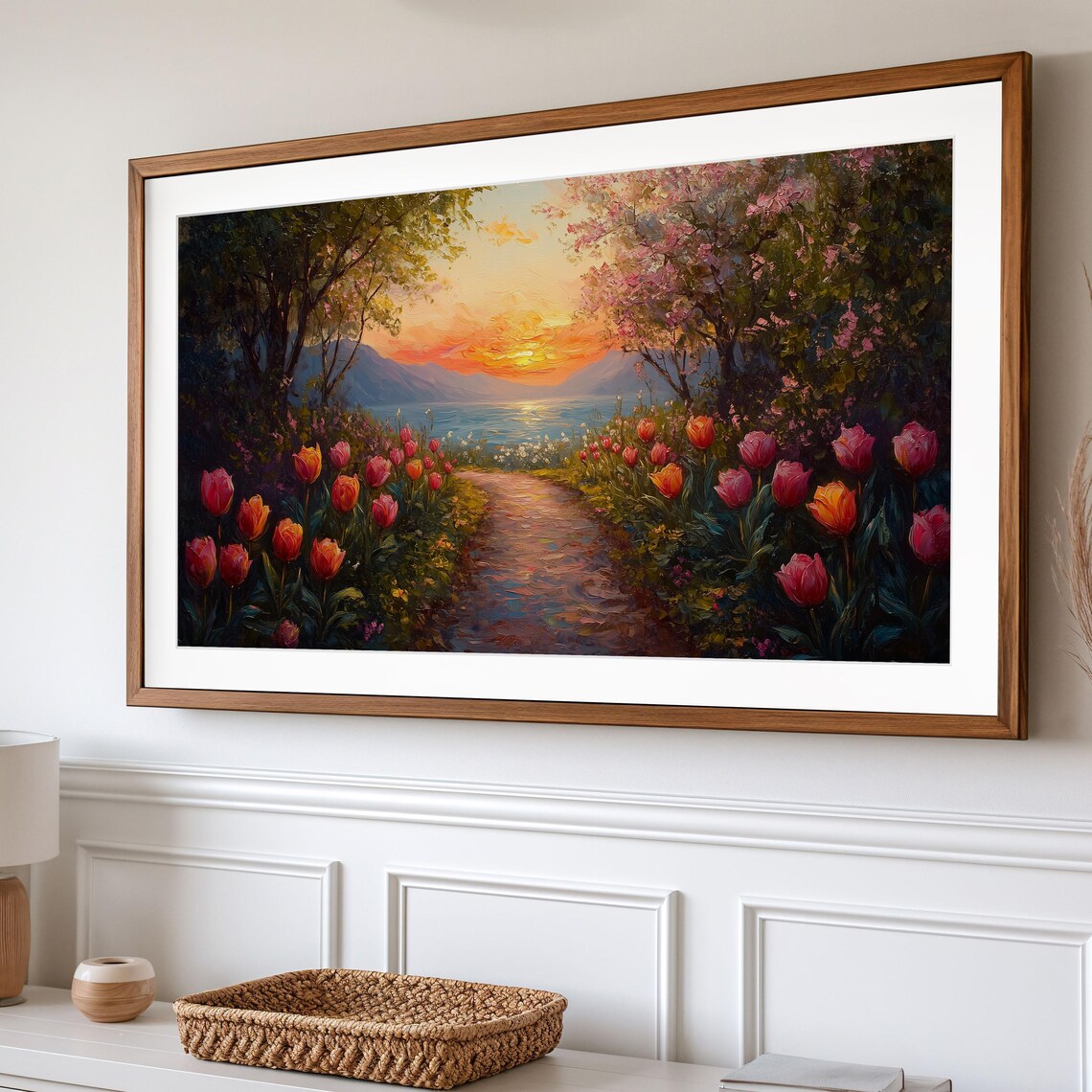 Tulip Path To The Lake At Sunset Romantic Spring Garden Art Poster - Image 2