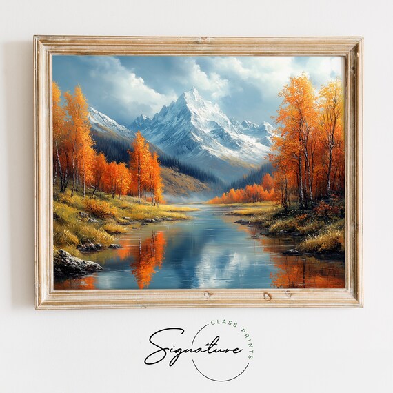 Autumn River Mountain Reflection Orange Aspens Fall Landscape Wall Art
