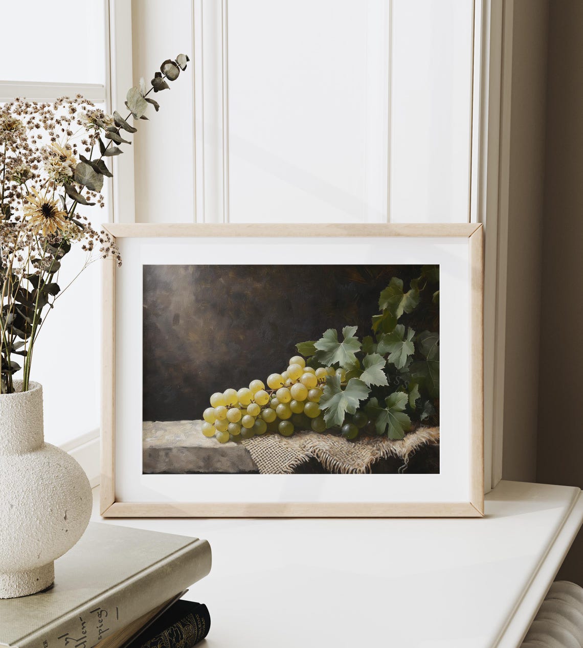 White Grape Vine Still Life Dark Rustic Vintage Oil Painting Print - Image 6