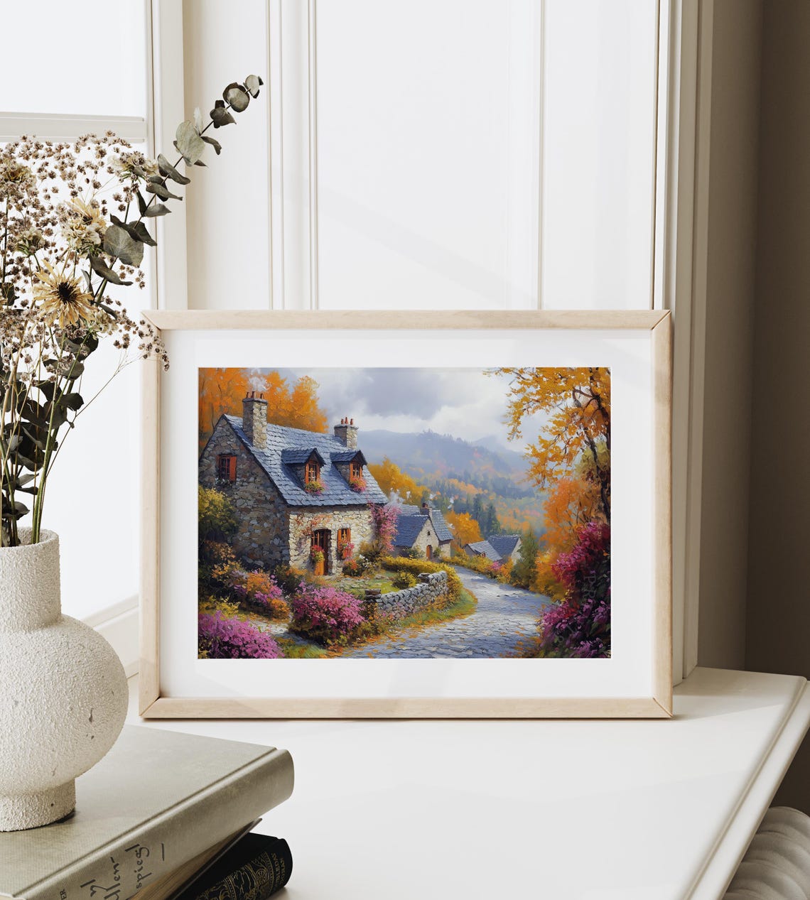Ivy Covered Stone Cottage Autumn Village Lane Rustic Fall Wall Art - Image 6