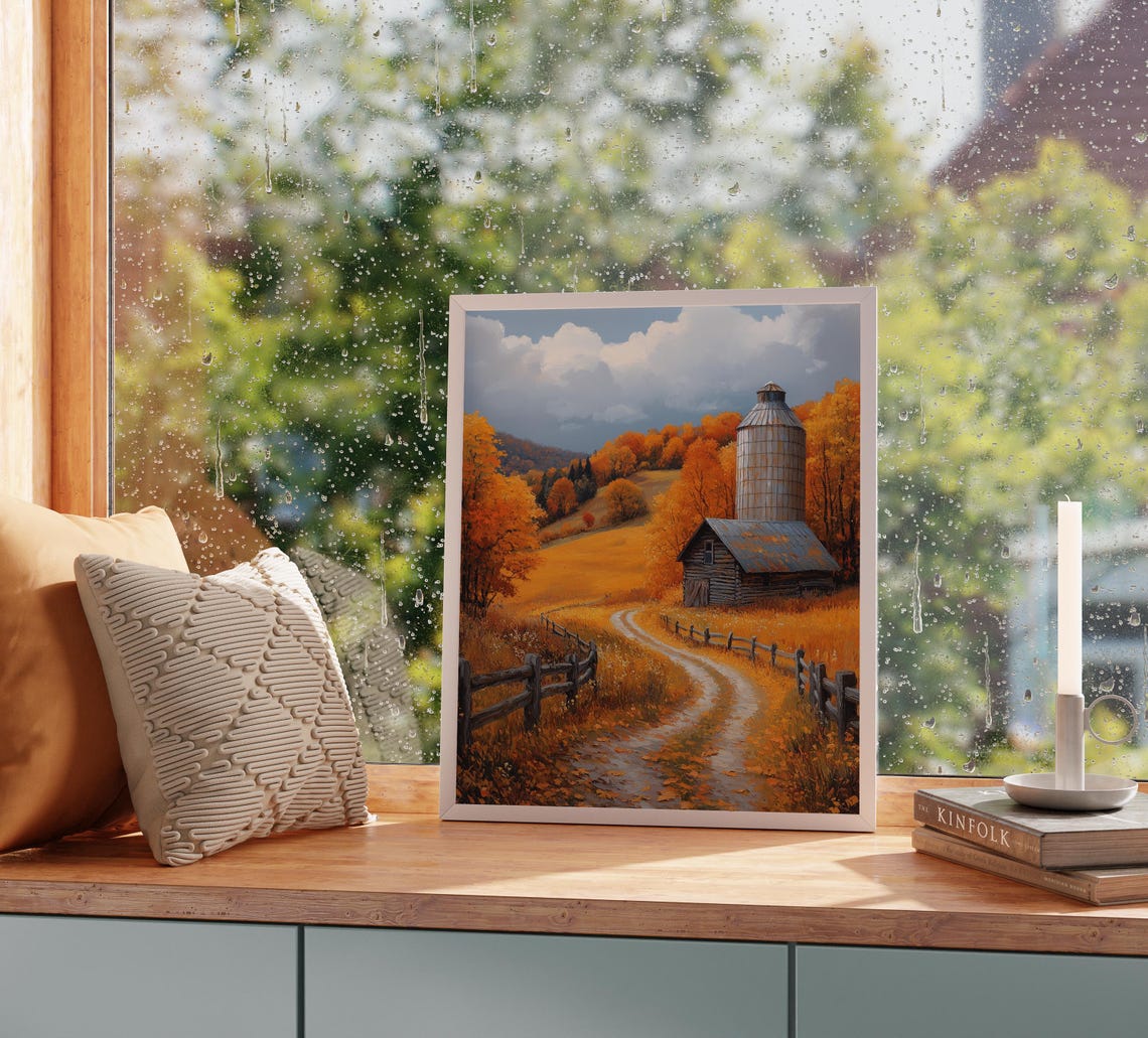 Rustic Log Cabin With Silo Autumn Country Road Fall Painting Print - Image 2