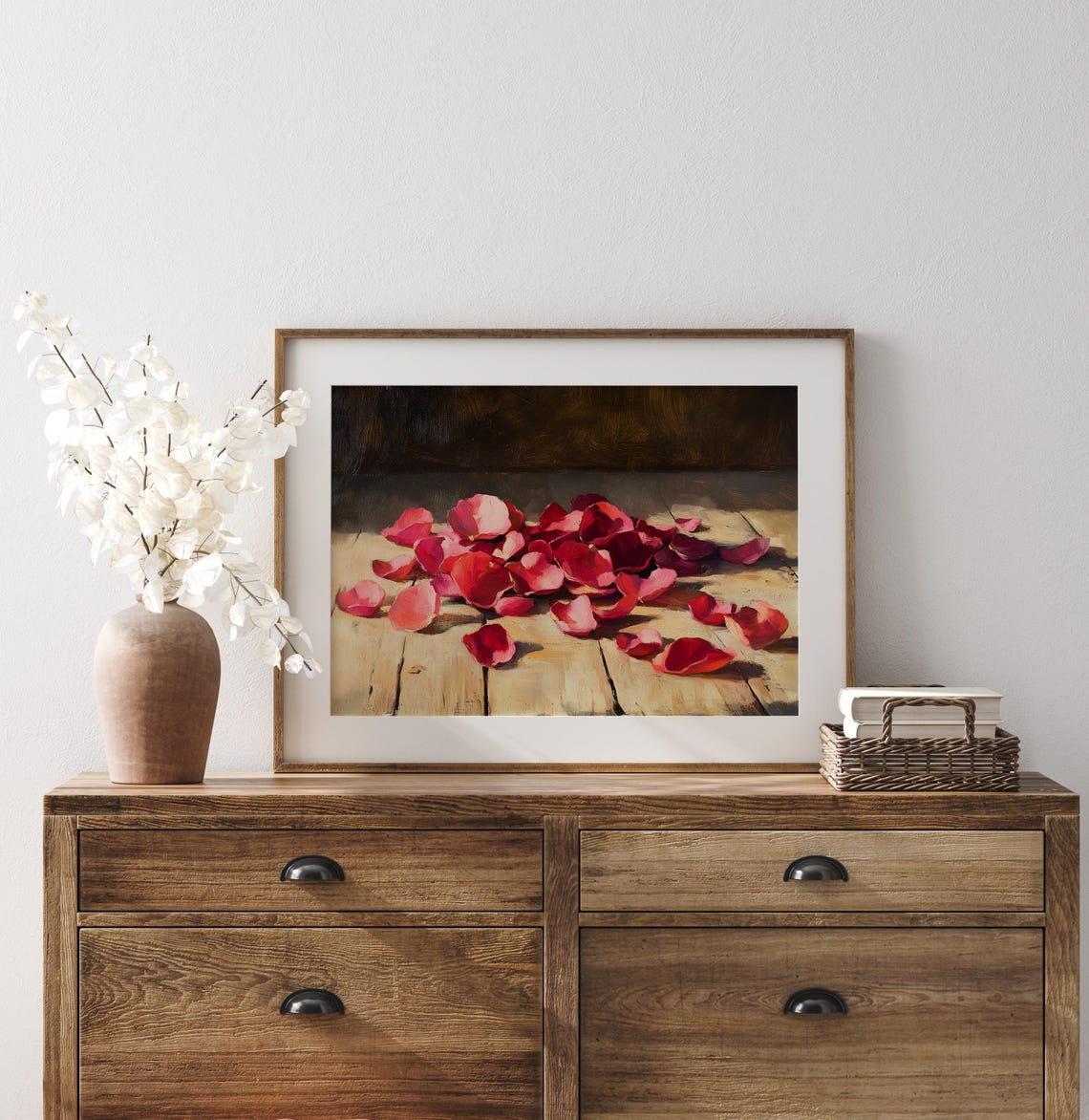 Scattered Rose Petals on Rustic Wood Romantic Oil Painting Art Print - Image 4
