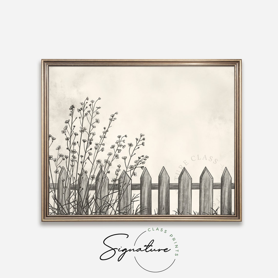 Picket Fence with Wildflowers and Grasses Pencil Sketch Poster - Image 4
