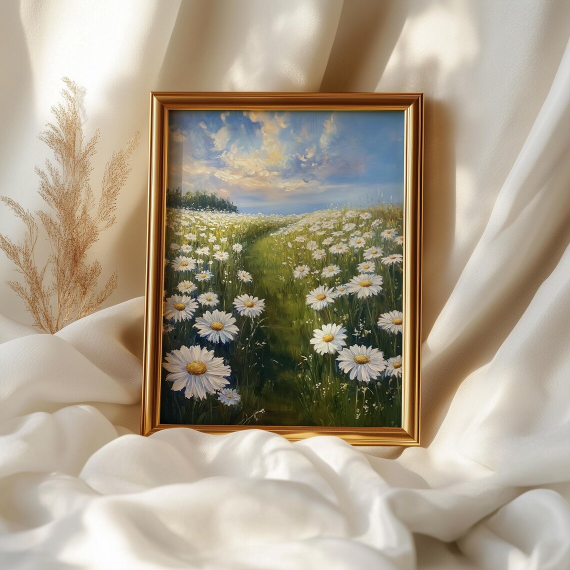 Endless Daisy Field Under Blue Sky Spring Meadow Landscape Painting Poster - Image 2