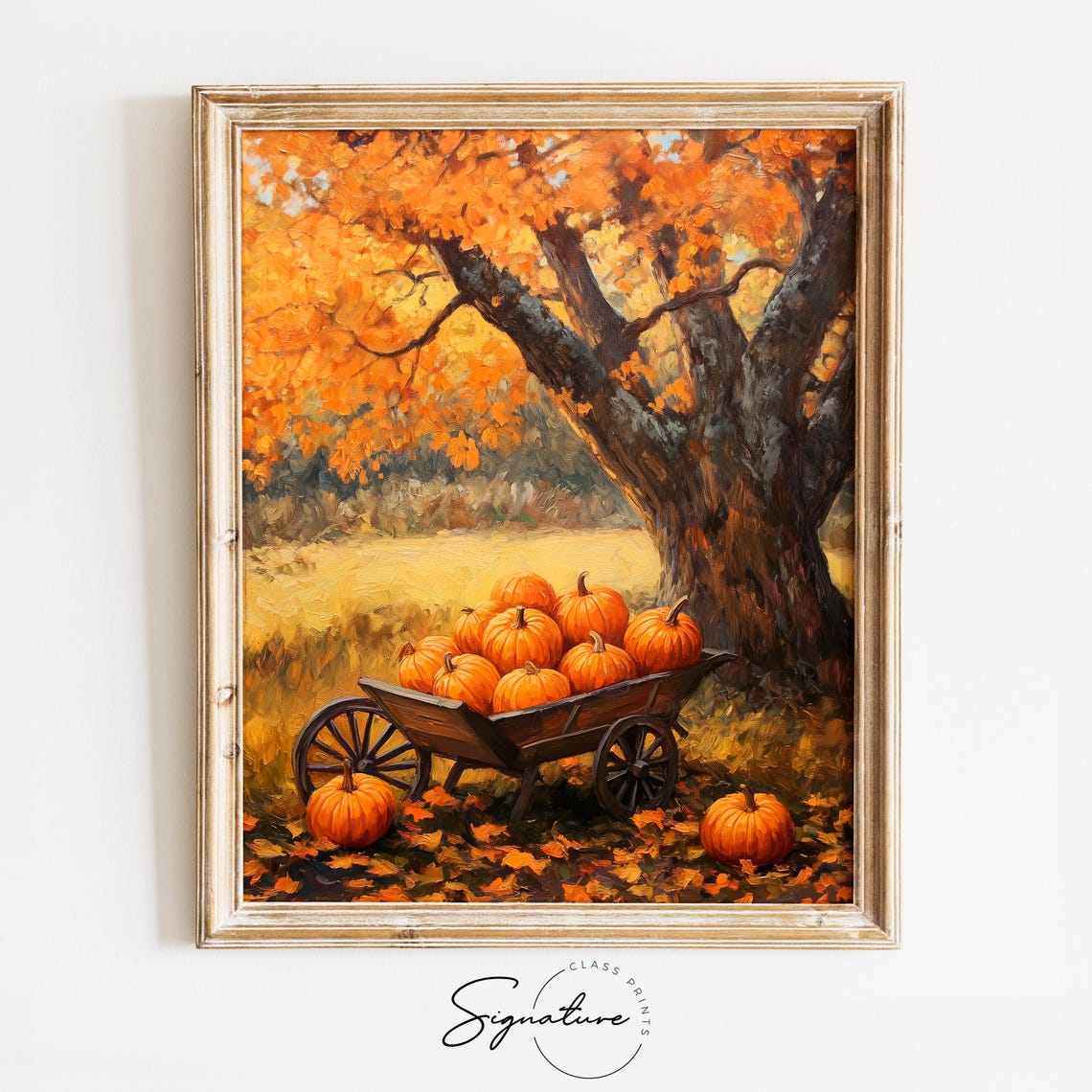 Pumpkin Filled Cart Under Golden Fall Tree Autumn Harvest Poster