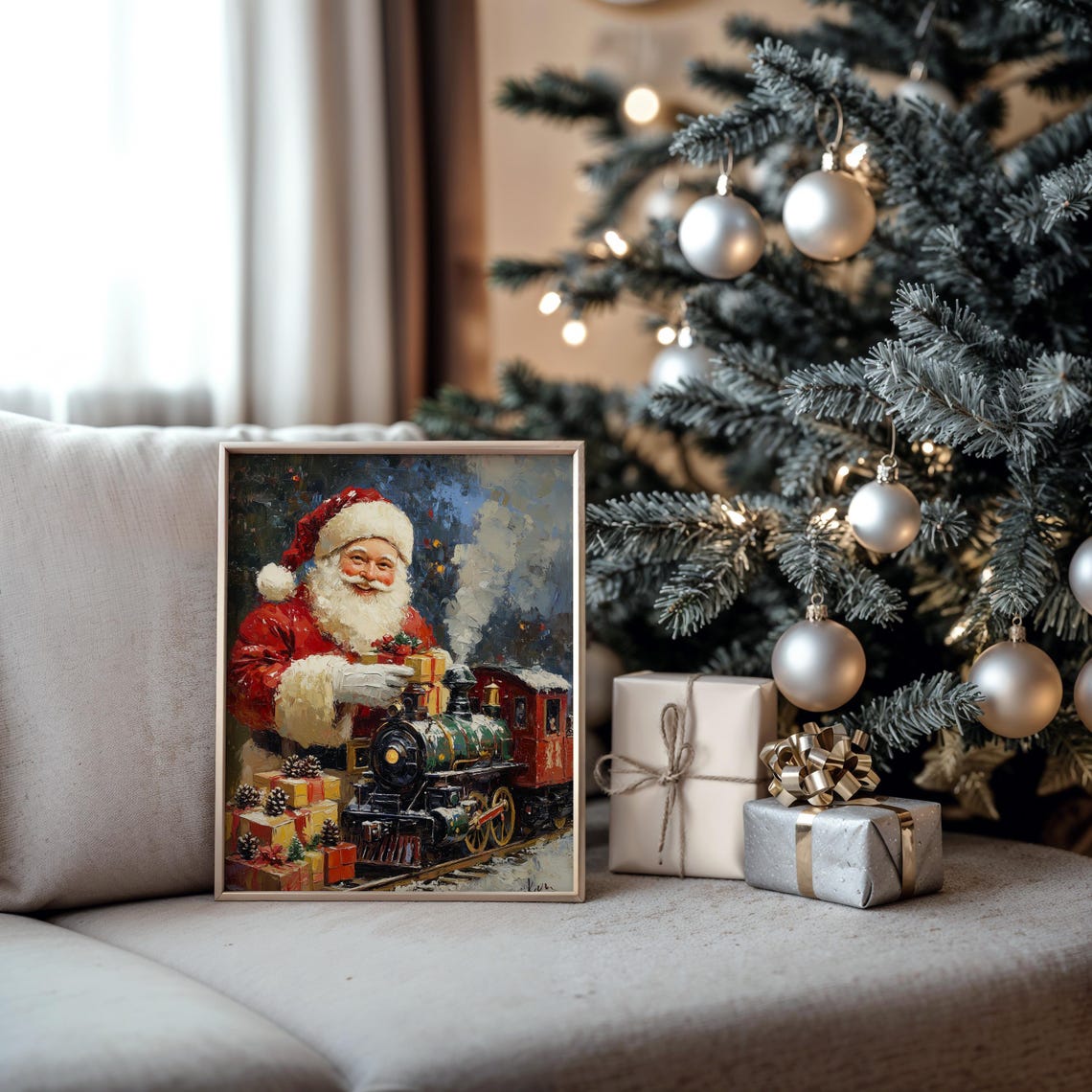 Santa Claus With a Vintage Steam Toy Train and Christmas Gifts Poster - Image 5