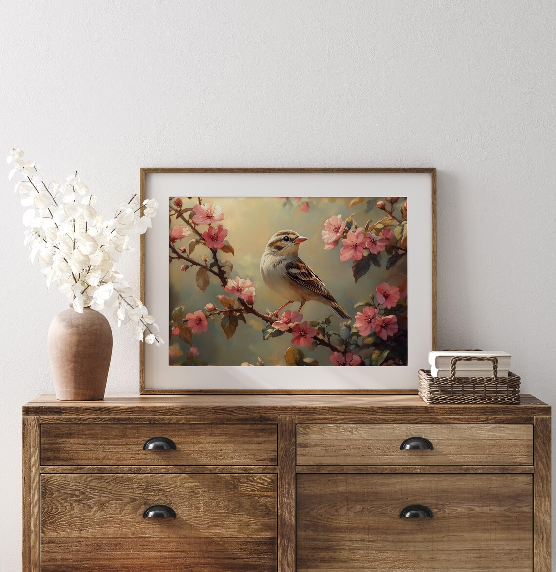 Sparrow Perched Pink Blossom Branch Spring Bird Sunshine Floral Painting Poster - Image 2