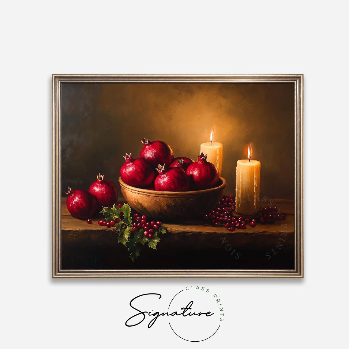Pomegranates And Candles Moody Christmas Still Life Art Poster - Image 4