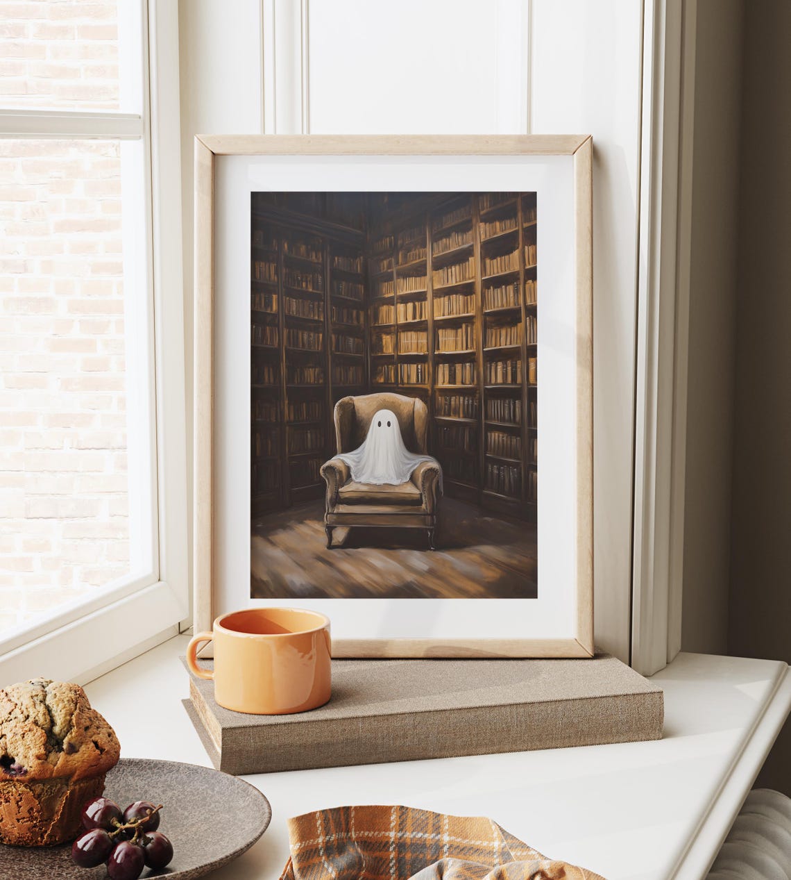 Cute Ghost Cozy Library Armchair Vintage Bookshelves Art Poster - Image 6