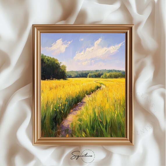 Golden Field Path Summer Countryside Vibrant Landscape Painting Poster