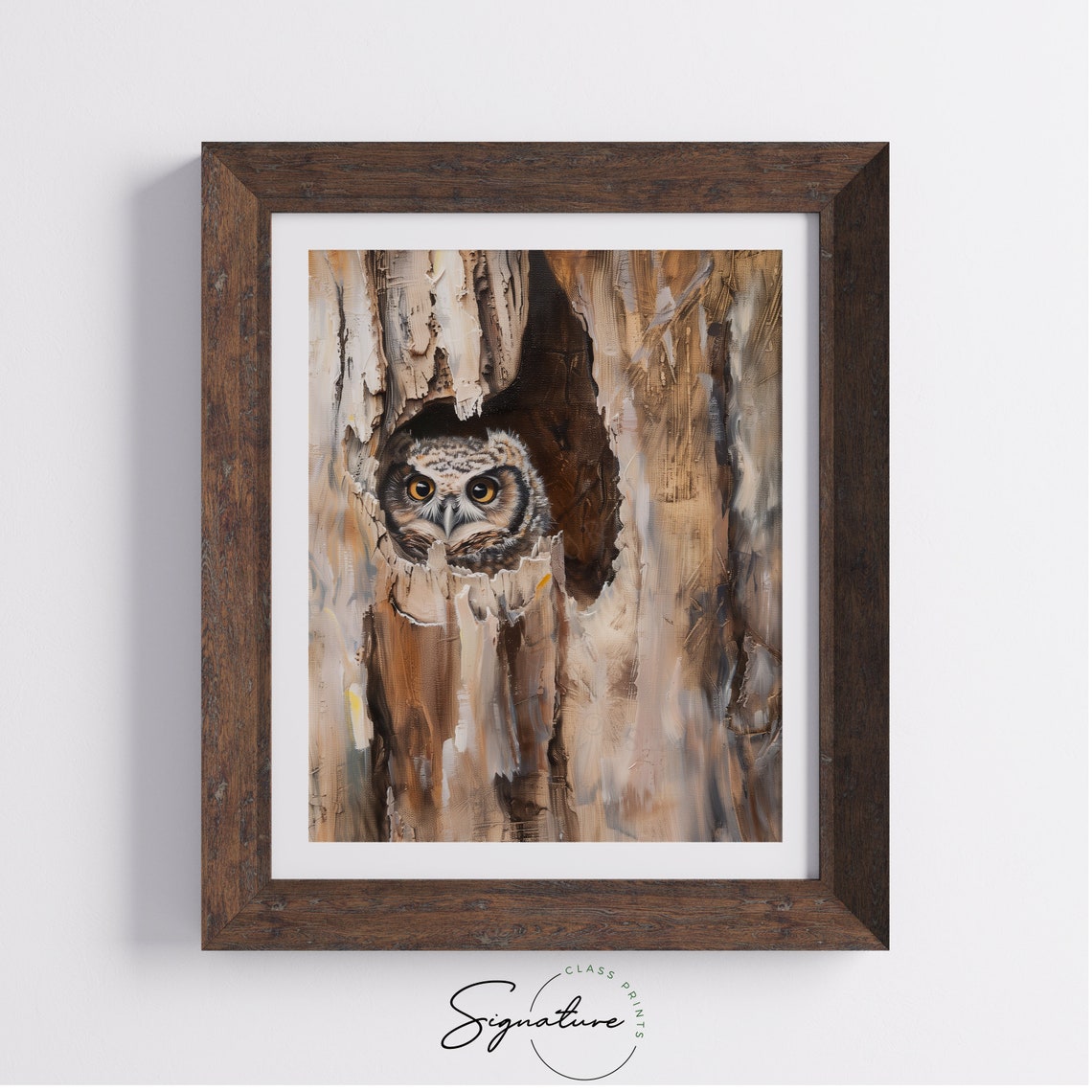 Curious Owl Peeking From Tree Hollow Woodland Bird Painting Poster - Image 4