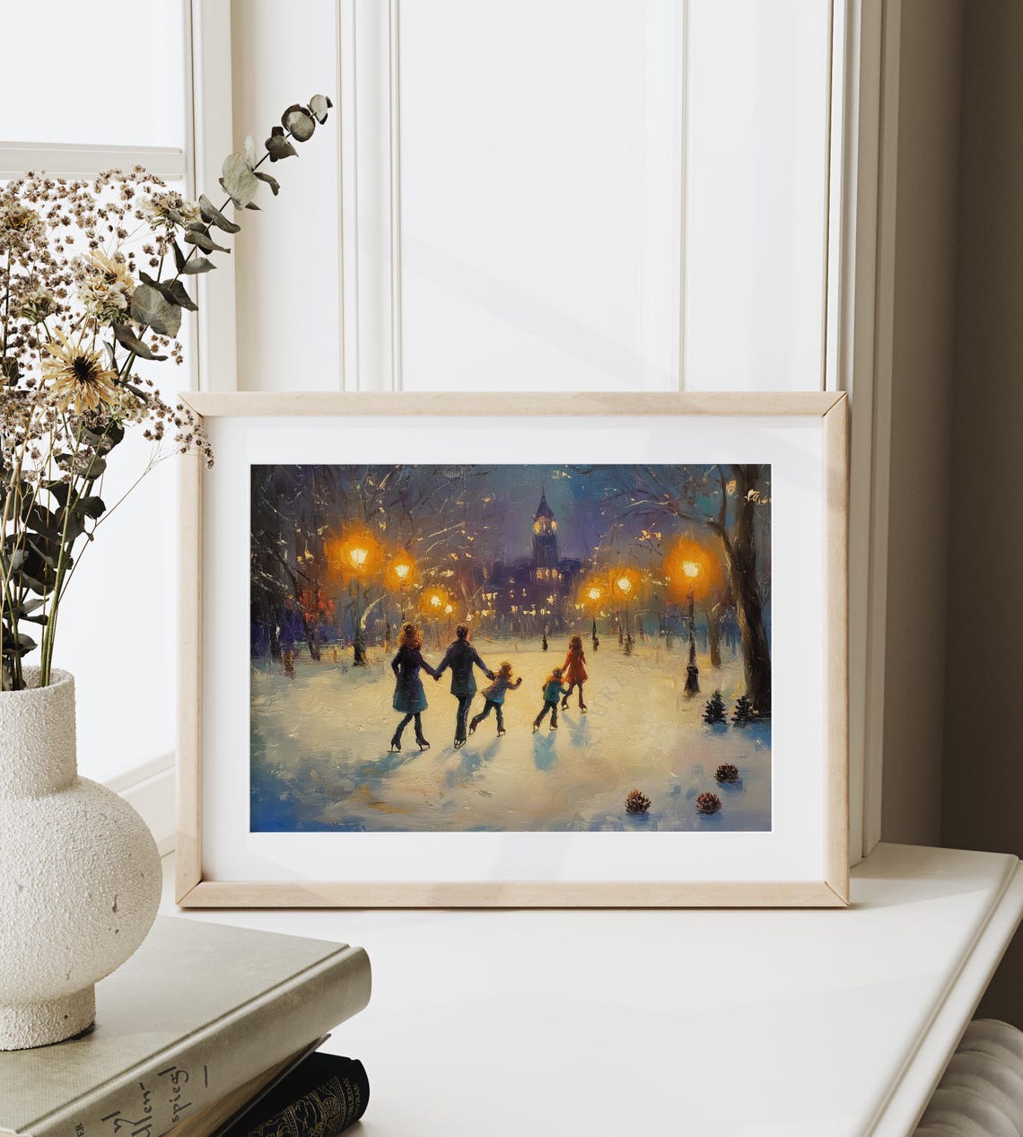 Night Ice Skating Under Glowing Lamps With Church Steeple Art Poster - Image 6