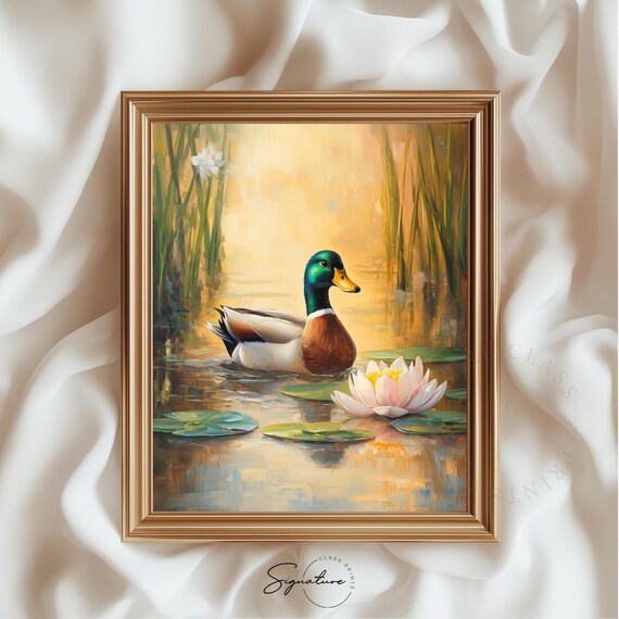 Mallard Duck On Serene Pond Water Lily Spring Nature Painting Print