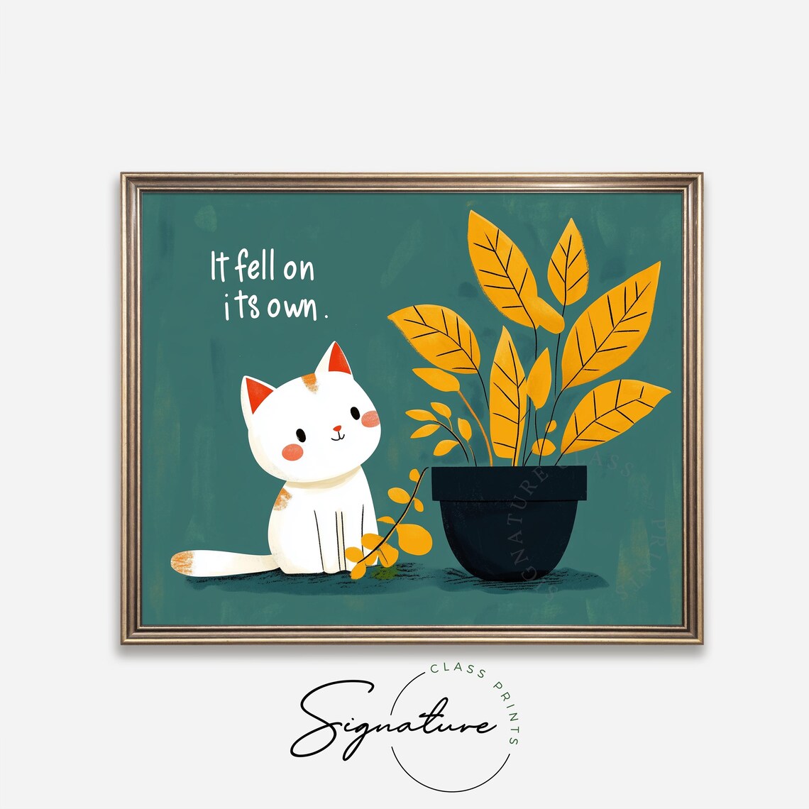 It Fell On Its Own Funny White Cat Plant Denial Cute Teal Wall Art - Image 4