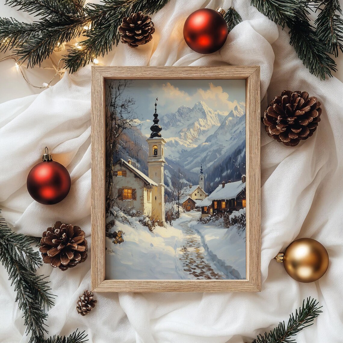 Alpine Village with Tall Church Bell Tower in Snow Winter Poster - Image 5