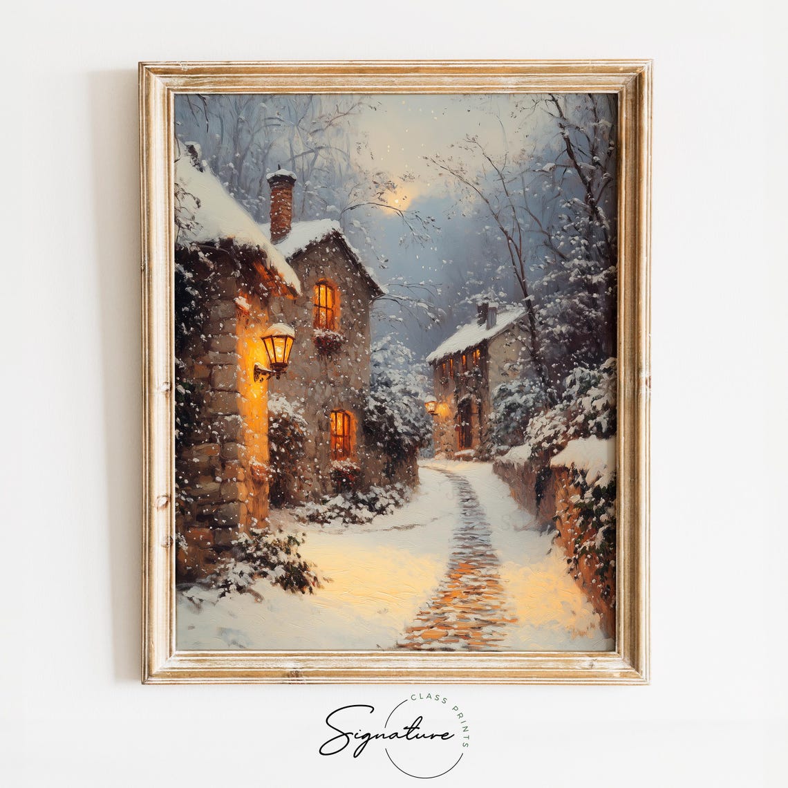 Snowy Village Cobblestone Alley With Glowing Lamps At Night Poster