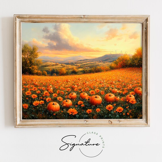Pumpkin Patch Glowing at Sunset Over Rolling Autumn Hills Poster