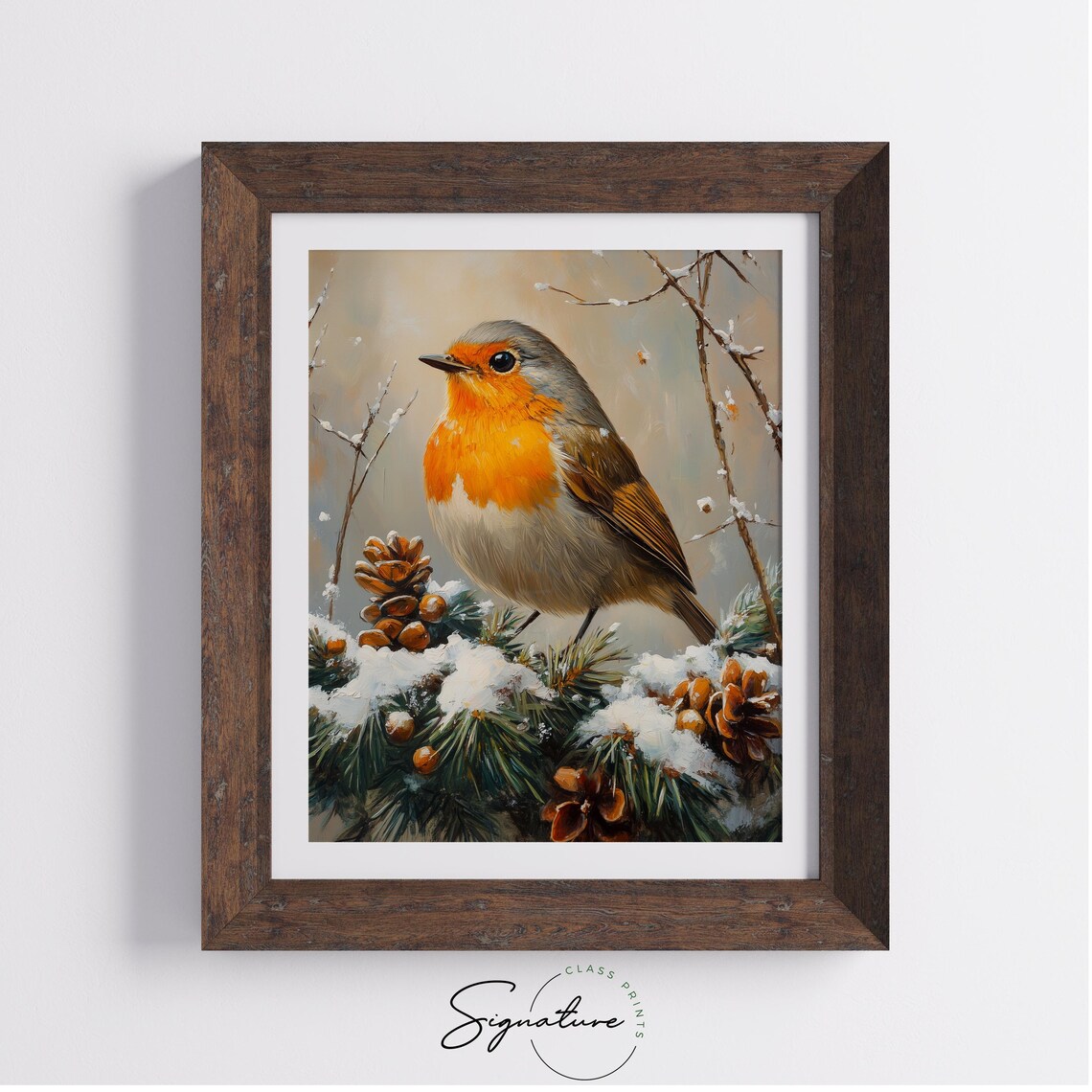 Robin on Snowy Pine Branch with Pinecones Winter Oil Painting Print - Image 3