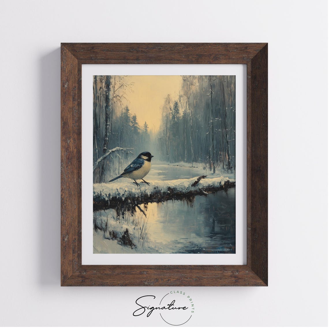 Blue Tit Perched on a Snow-Covered Log in a Misty Winter Forest Poster - Image 3