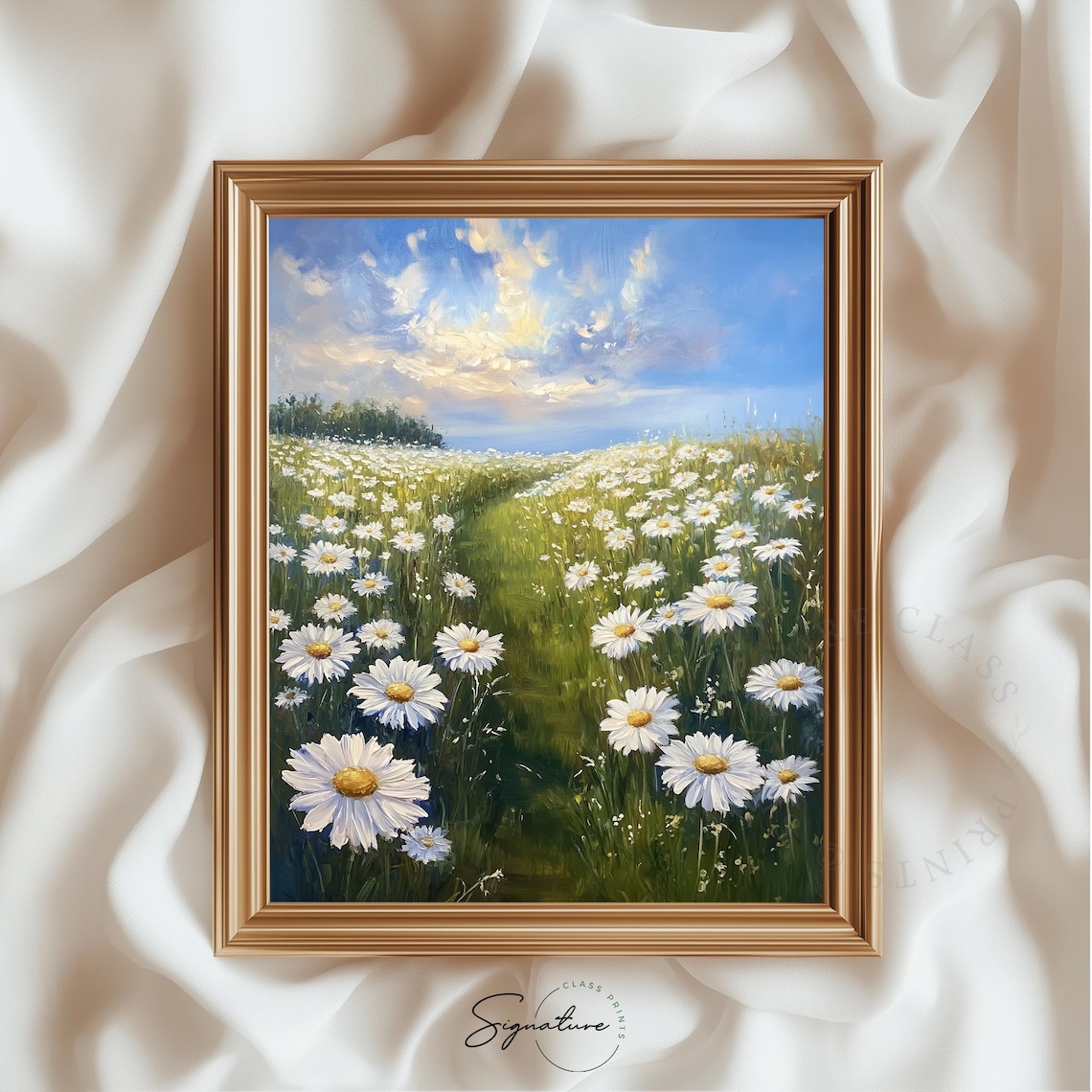 Endless Daisy Field Under Blue Sky Spring Meadow Landscape Painting Poster
