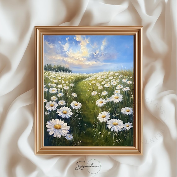 Endless Daisy Field Under Blue Sky Spring Meadow Landscape Painting Poster