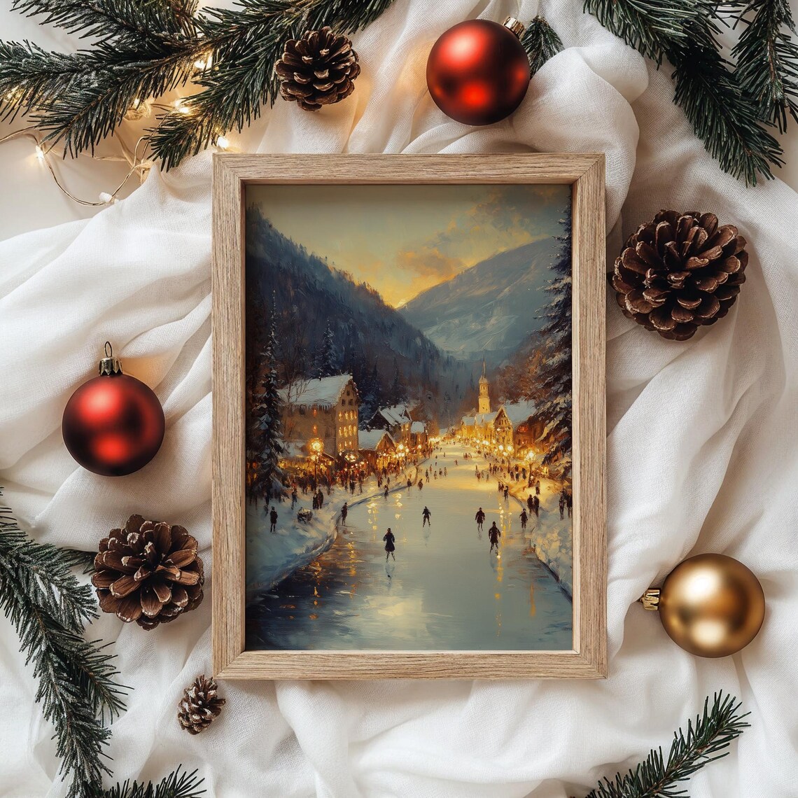 Sunset Ice Skaters on Frozen River in Alpine Village Glow Poster - Image 4