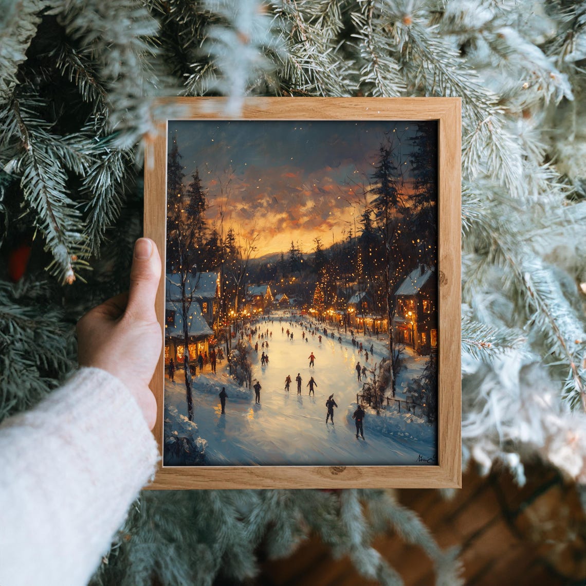 Ice Skaters on Frozen Pond in Lit Village at Winter Dusk Poster - Image 6