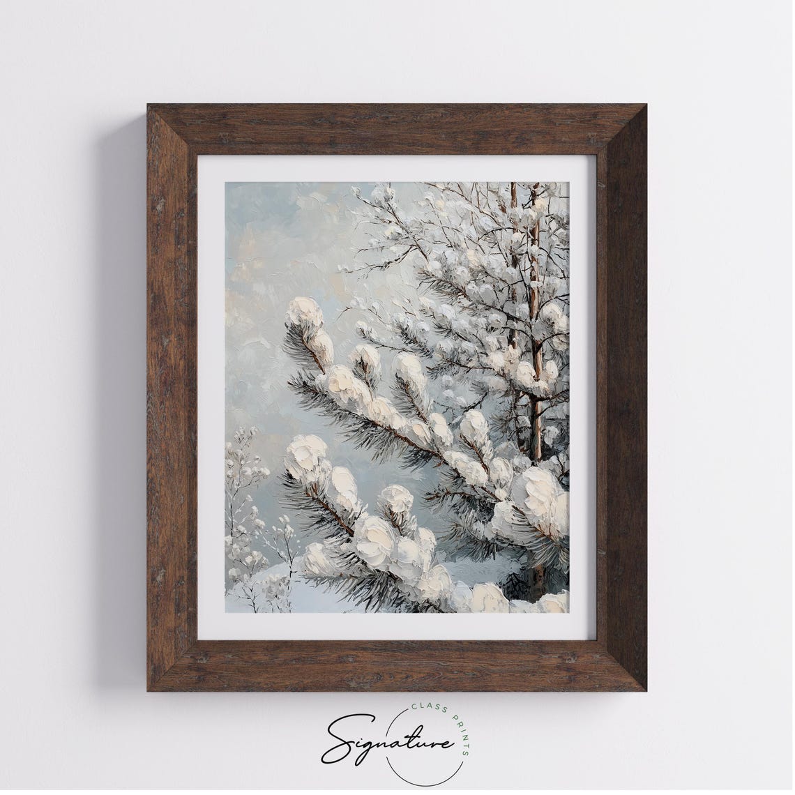 Snow Laden Pine Branches Close Up Textured Oil Painting Poster - Image 3