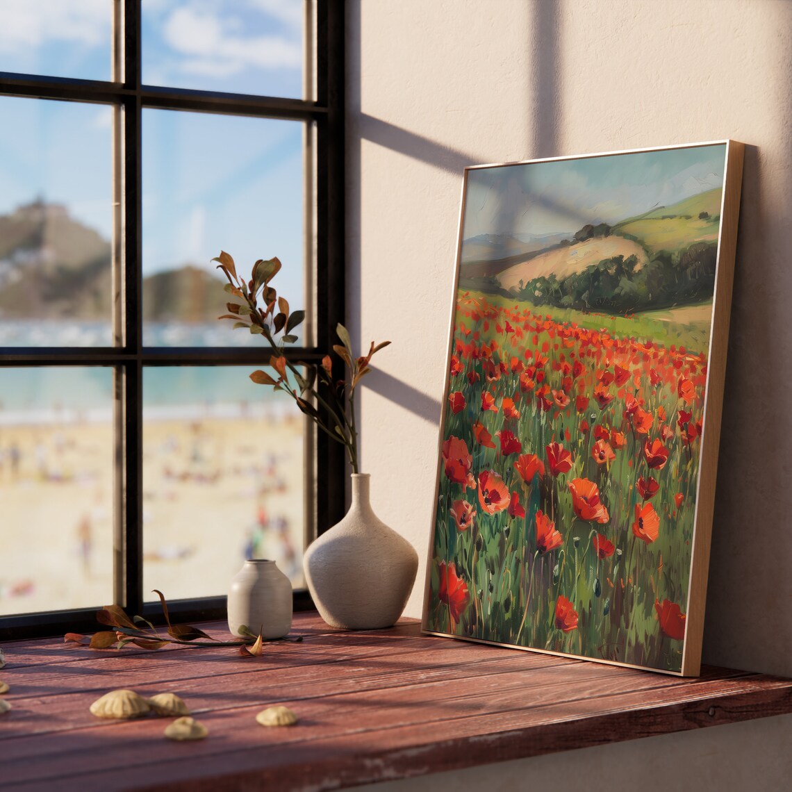 Vibrant Red Poppy Field Rolling Hills Summer Countryside Oil Painting Poster - Image 5