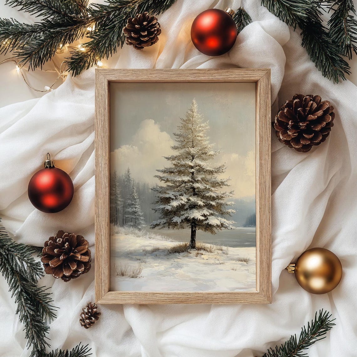 Single Snowy Pine Tree by Frozen Lake Shore Winter Morning Poster - Image 4