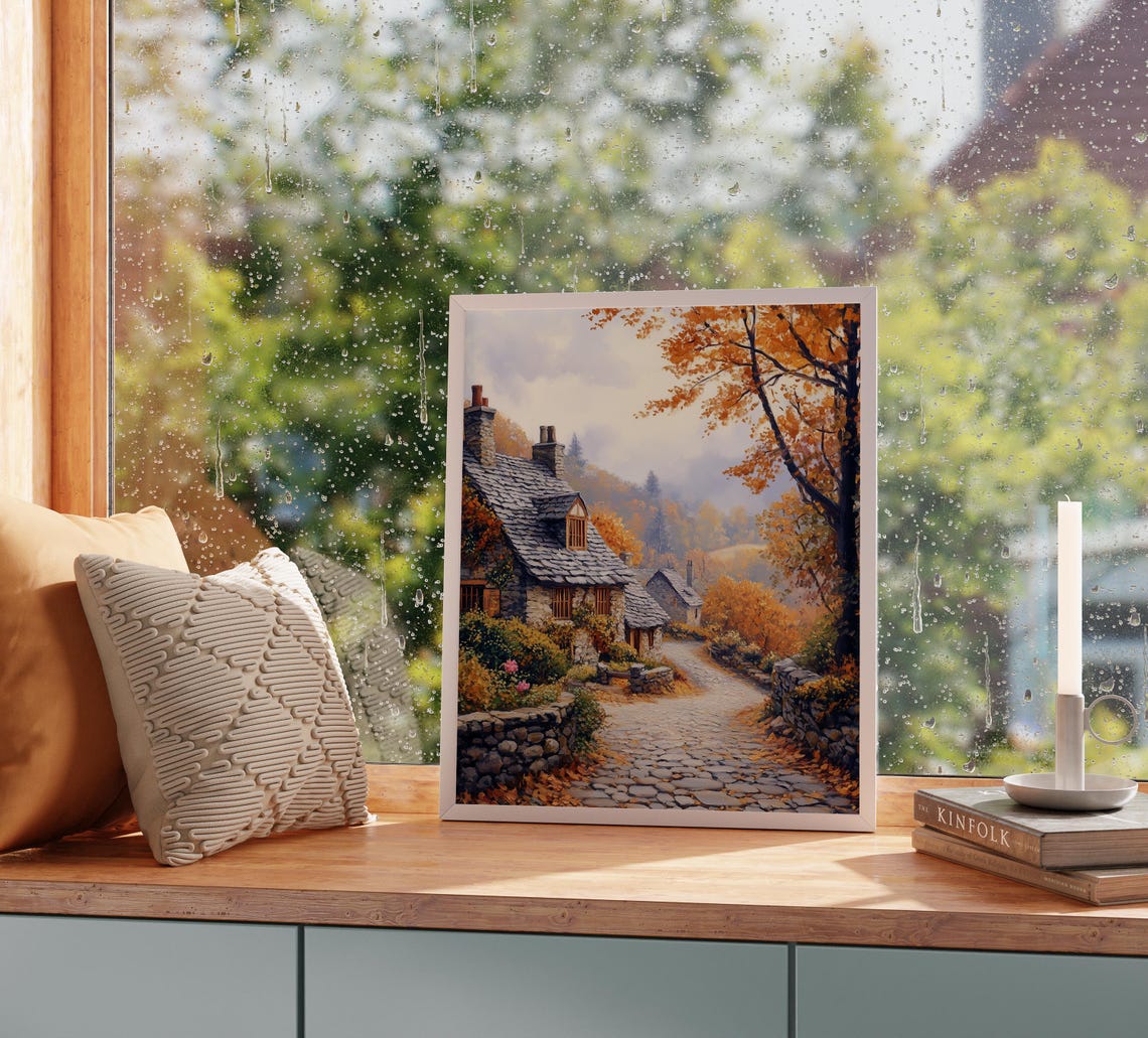 Ivy Covered Stone Cottage On A Quiet Autumn Cobblestone Lane Poster - Image 2
