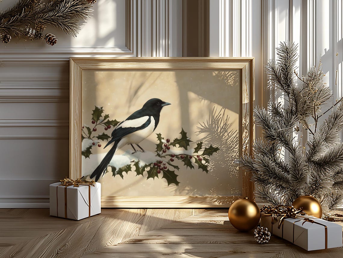 Magpie on Snowy Holly Branch Red Berries Vintage Bird Art Poster - Image 6