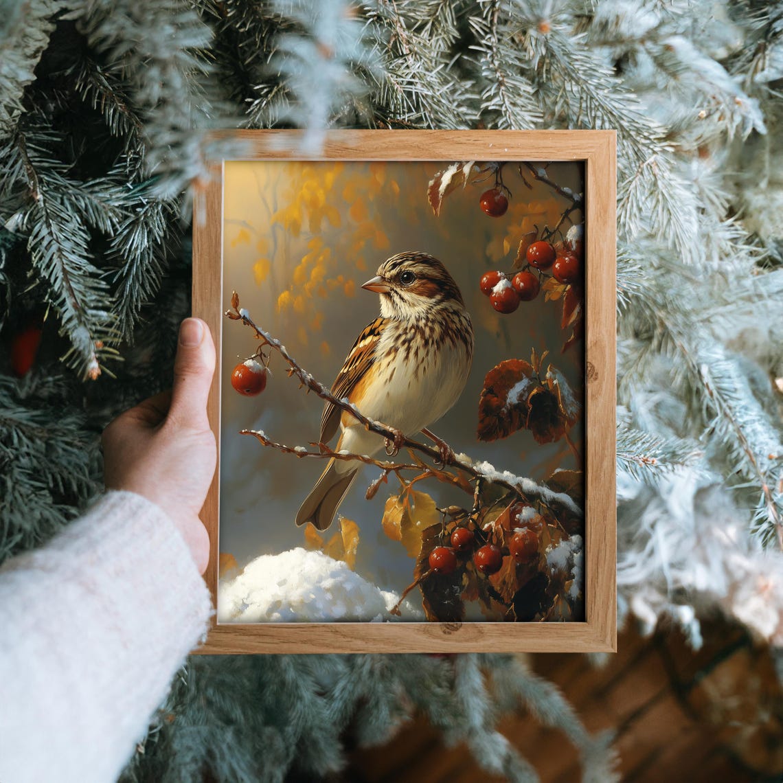 Sparrow on a Snowy Berry Branch With Golden Autumn Leaves Poster - Image 6