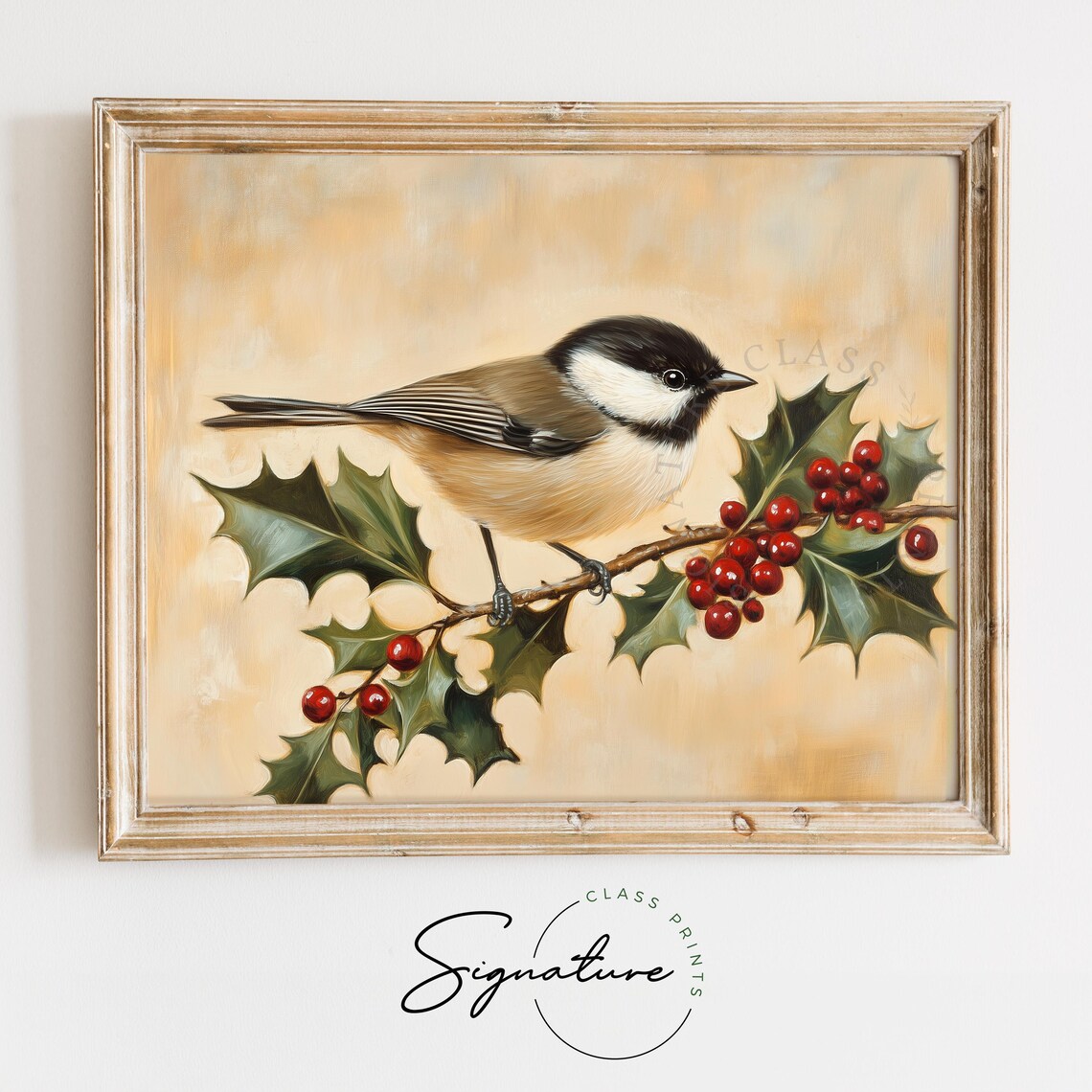Black Capped Chickadee On Holly And Berries Vintage Bird Print