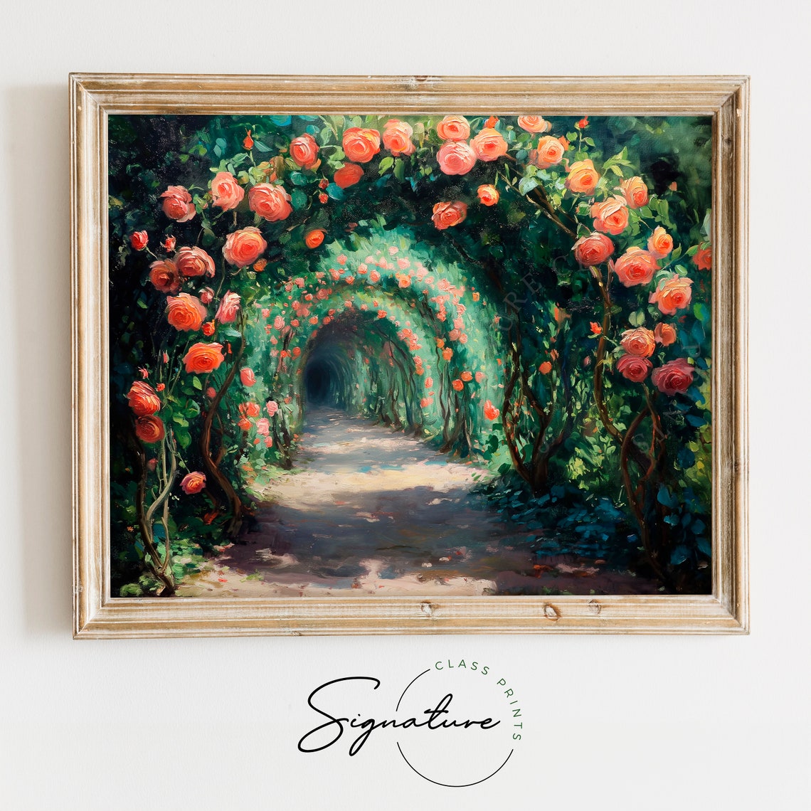 Impressionist Coral Rose Tunnel Garden Path Blooming Flowers Poster