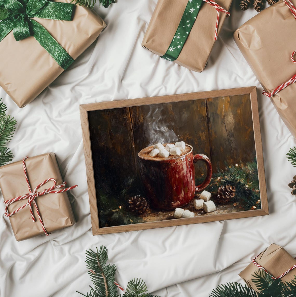 Red Enamel Mug Of Hot Cocoa With Marshmallows And Pinecones Poster - Image 2