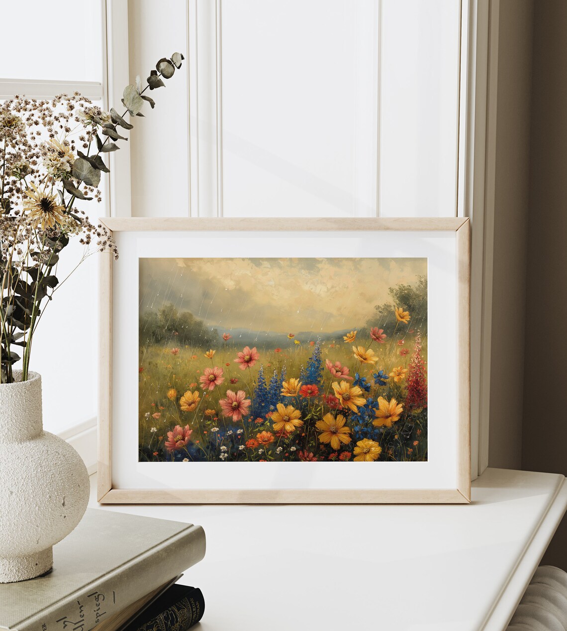Summer Rain Wildflower Meadow Cosmos Delphinium Shower Nature Oil Poster - Image 6