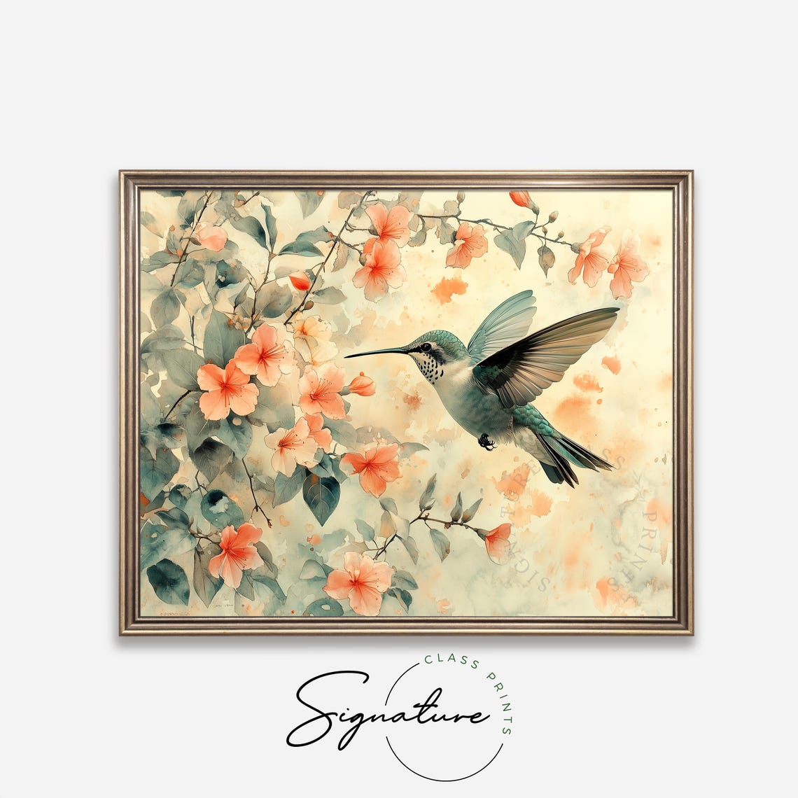 Hummingbird Hovering Among Peach Blossoms Soft Watercolor Bird Poster - Image 4