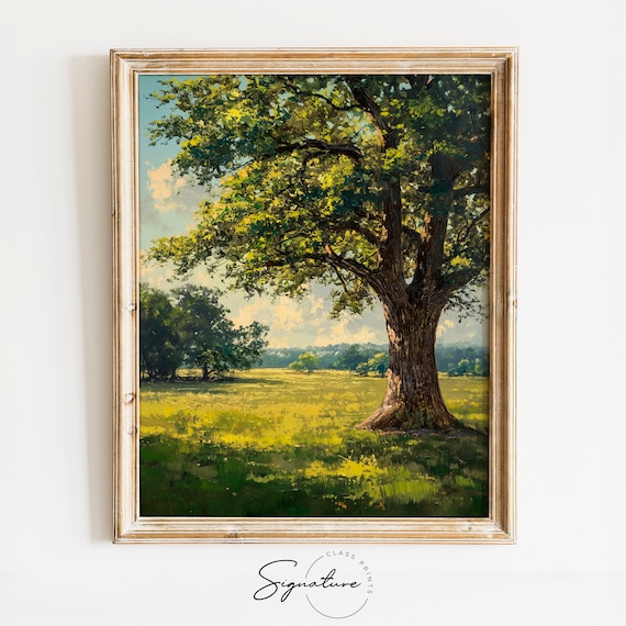 Majestic Oak Tree Sunlit Meadow Summer Shade Green Landscape Oil Poster