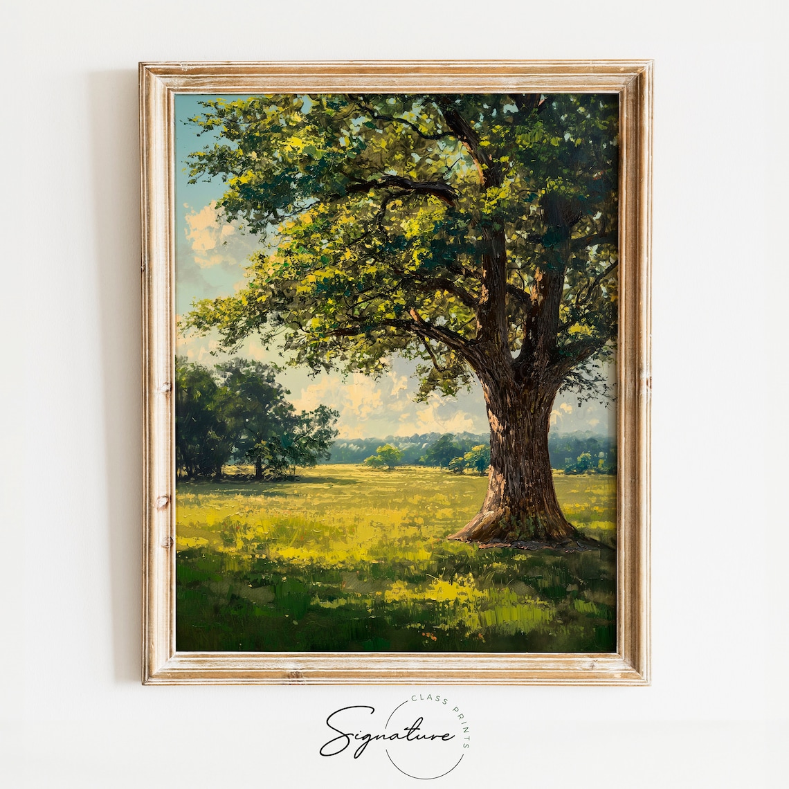 Majestic Oak Tree Sunlit Meadow Summer Shade Green Landscape Oil Poster