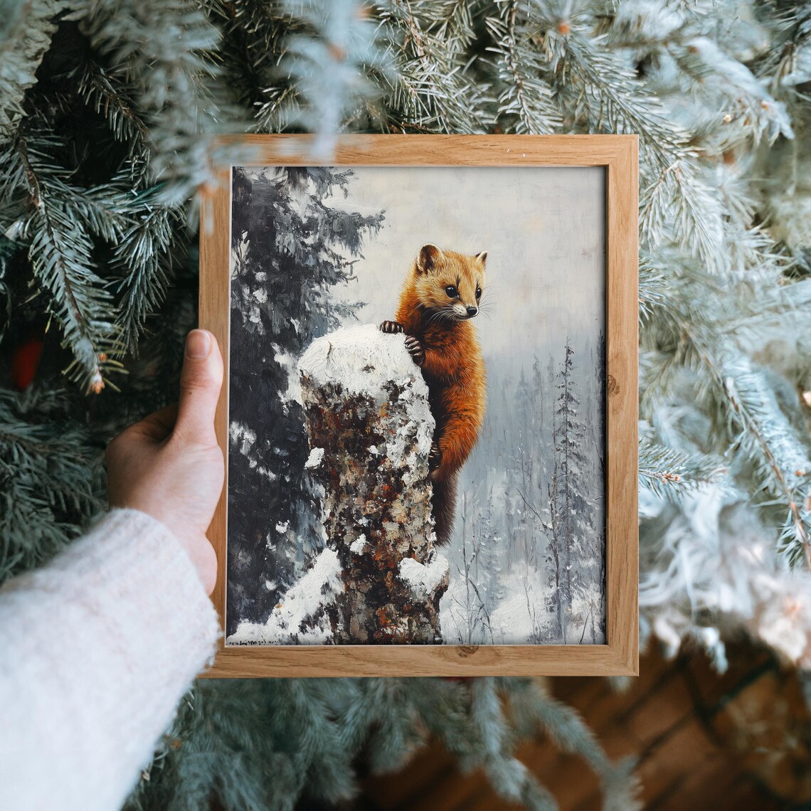 Red Woodland Mammal Climbing Snowy Tree Stump Winter Forest Art Poster - Image 6