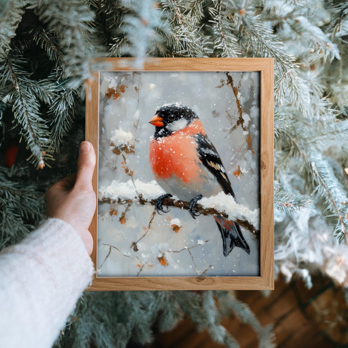 Bullfinch Perched On A Snow Dusted Branch Winter Bird Art Poster - Image 6