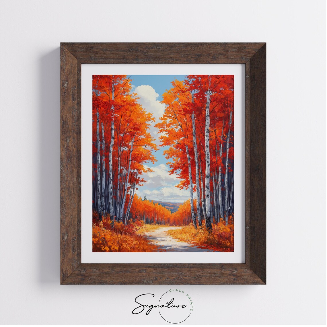 Red Birch Forest Autumn Foliage Winding Sunlit Path Painting Print - Image 4