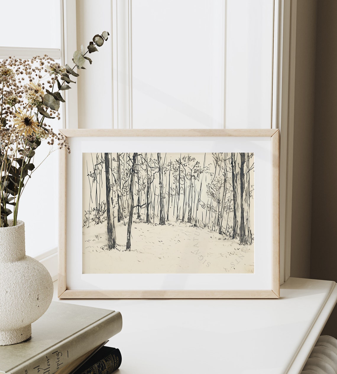 Quiet Secluded Forest Clearing Winter Trees Line Sketch Poster Art - Image 6