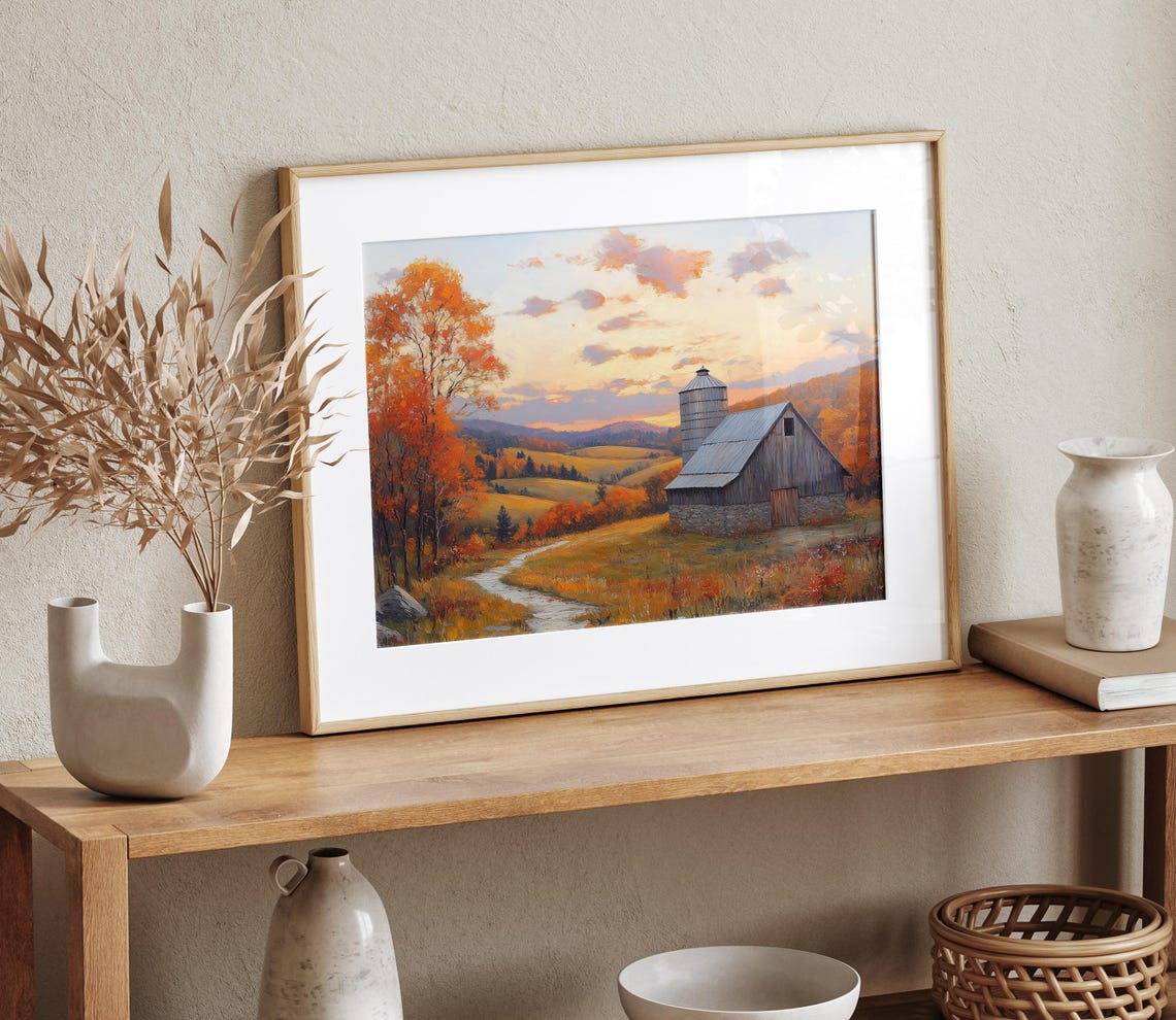 Weathered Barn Silo Sunset Autumn Hills Fall Farm Landscape Wall Art - Image 4