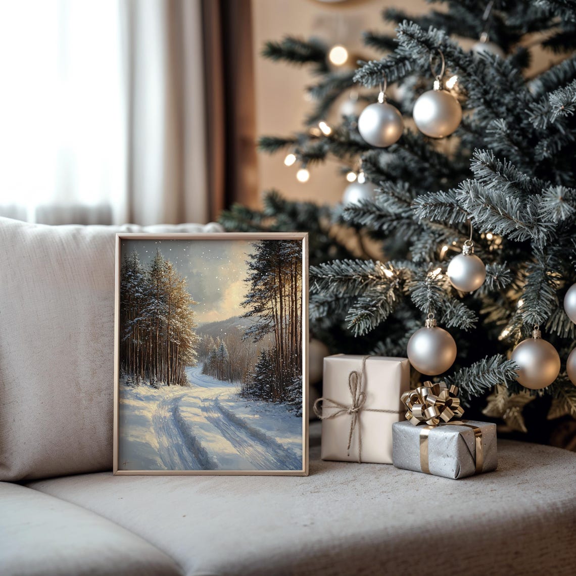 Snowy Forest Road at Dusk with Sleigh Tracks Winter Scene Poster - Image 5